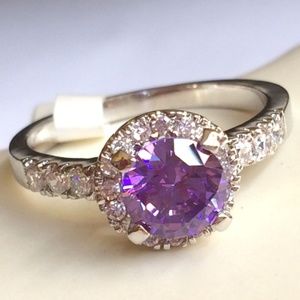 Silver Amethyst Deco Halo Cocktail Ring Size 9 10